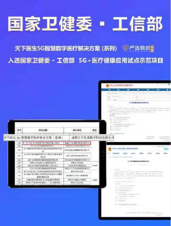 索诺星联合天下医生申报的【5G+医疗健康应用试点项目】,成功入选国家卫健委和工信部试点示范名单